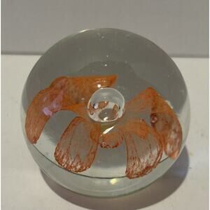 Vintage Blown Glass Lily Flower Paperweight Orange BubbleArt Glass Deco 2.5”tall